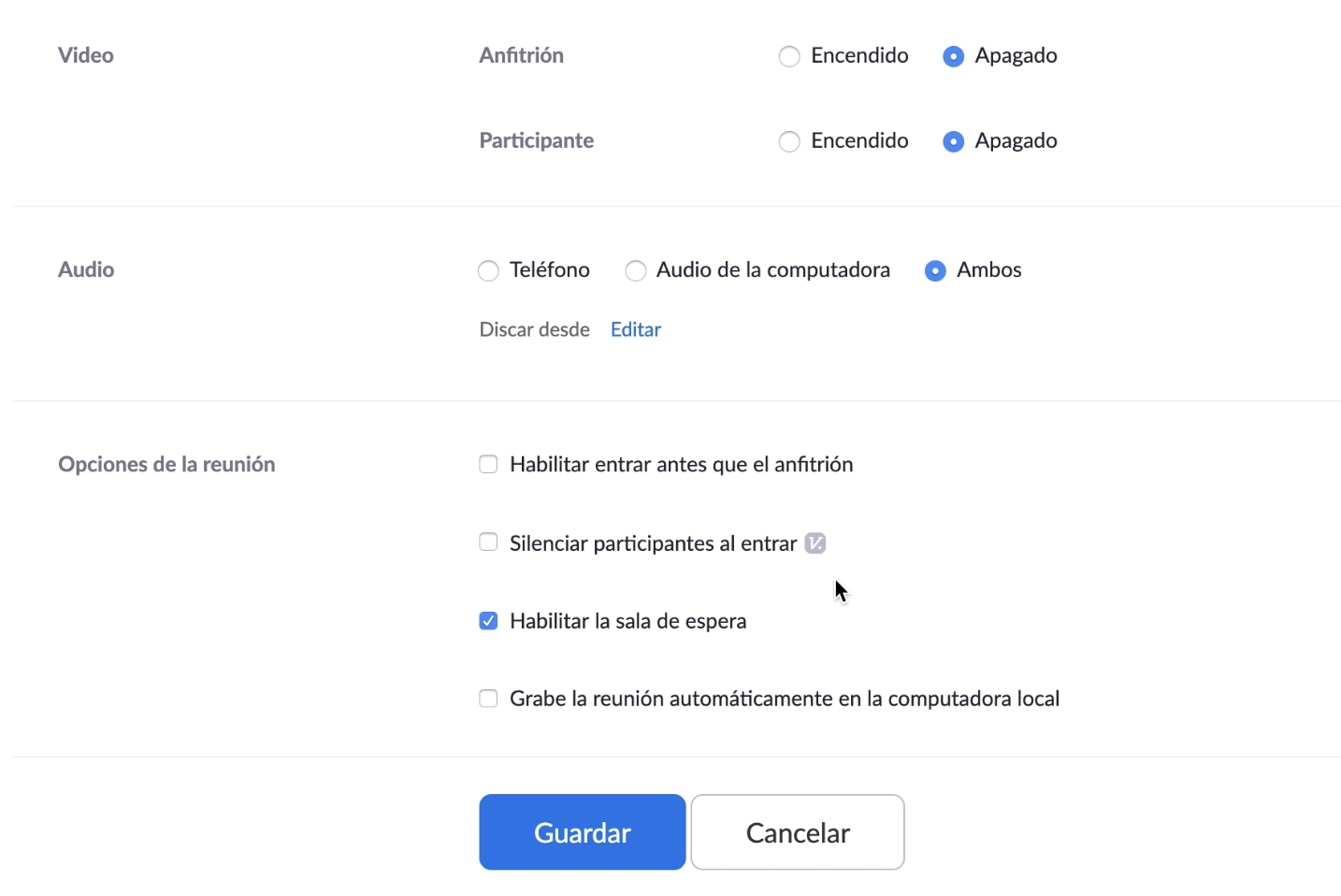 Configura las características de la reunión.